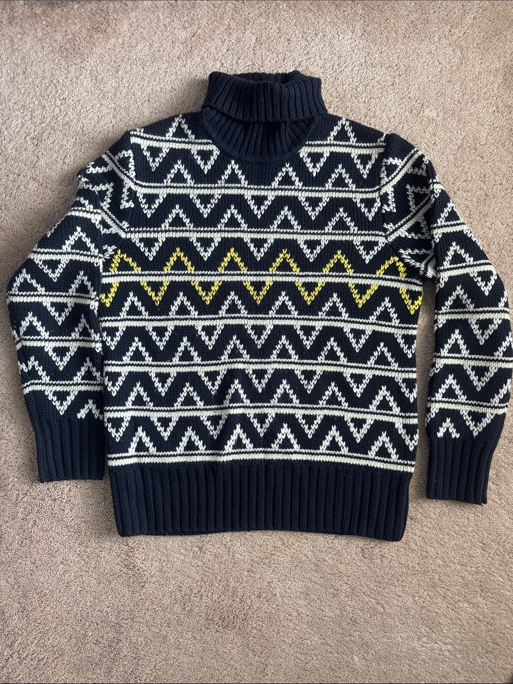 Nautica Navy Turtleneck Sweater with White Geometric and Yellow Stripe